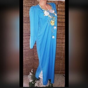 Gorgeous Vintage 60's Turquoise Embroidered Floral Boho Hippie Gown Dress Sz L
